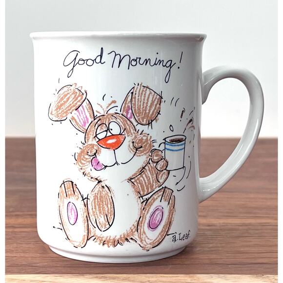 Bunny Good Morning Cartoon by a. Leaf Coffee Cup Message Mugs George Japan - Picture 1 of 9